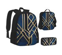 NBHDZENGW Abstract Geometric Striped 3pcs Printed Backpack Set, 600d Oxford-Cloth Laptop Backpack with Insulated Lunch Bag Pencil Case,Adjustable Multifunctional School Travel Bag