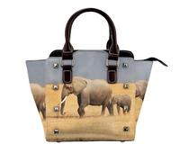 NBHDZENGW African Elephant Genuine Leather Crossbody Satin Bag With Studs And All-Over Print,Adjustable Detachable Strap, Elegant Spacious Tote Purse For Women