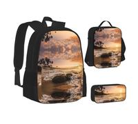 NBHDZENGW Beach Sunset 3pcs Printed Backpack Set, 600d Oxford-Cloth Laptop Backpack with Insulated Lunch Bag Pencil Case,Adjustable Multifunctional School Travel Bag