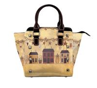 NBHDZENGW Beige Brown House And Fruit Genuine Leather Crossbody Satin Bag With Studs And All-Over Print,Adjustable Detachable Strap, Elegant Spacious Tote Purse For Women