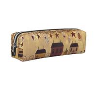 NBHDZENGW Beige Brown House and Fruit Leather Pencil Case with Smooth Zipper,Stylish Durable Zippered Pouch for School,Office,Travel-Lightweight Full Print Stationery Holder