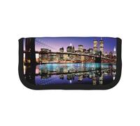 NBHDZENGW Brooklyn Bridge At Night Large Capacity Canvas Pencil Case,Print Black Border Contrasting Color Pencil Pouch with Double Zipper,Portable Multifunctional Stationery Bag