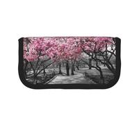 NBHDZENGW Cherry Blossoms Park Large Canvas Pencil Case Makeup Bag Organizer-Premium Zippered Pouch with Mesh Pocket,Color-Block Design (Black Trim)-School Trave Cosmetic Bag