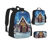 NBHDZENGW Christmas Trees Cottage 3pcs Printed Backpack Set, 600d Oxford-Cloth Laptop Backpack with Insulated Lunch Bag Pencil Case,Adjustable Multifunctional School Travel Bag