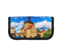 NBHDZENGW City Hall Building Large Capacity Canvas Pencil Case,Print Black Border Contrasting Color Pencil Pouch with Double Zipper,Portable Multifunctional Stationery Bag