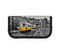 NBHDZENGW City Train Large Capacity Canvas Pencil Case,Print Black Border Contrasting Color Pencil Pouch with Double Zipper,Portable Multifunctional Stationery Bag