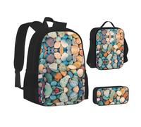 NBHDZENGW Colored Stones 3pcs Printed Backpack Set, 600d Oxford-Cloth Laptop Backpack with Insulated Lunch Bag Pencil Case,Adjustable Multifunctional School Travel Bag