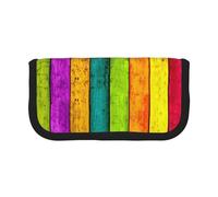 NBHDZENGW Colored Wooden Board Large Canvas Pencil Case Makeup Bag Organizer-Premium Zippered Pouch with Mesh Pocket,Color-Block Design (Black Trim)-School Trave Cosmetic Bag