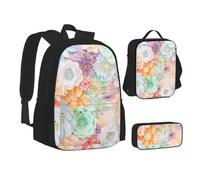 NBHDZENGW Colorful Flowers 3pcs Printed Backpack Set, 600d Oxford-Cloth Laptop Backpack with Insulated Lunch Bag Pencil Case,Adjustable Multifunctional School Travel Bag