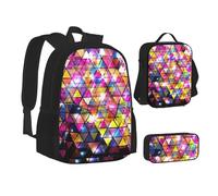 NBHDZENGW Colorful Geometric Triangle 3pcs Printed Backpack Set, 600d Oxford-Cloth Laptop Backpack with Insulated Lunch Bag Pencil Case,Adjustable Multifunctional School Travel Bag