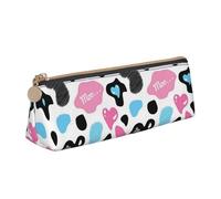 NBHDZENGW Cow Hide with Hearts Moo Love Cute Triangle Leather Pencil Case with Smooth Zipper,Stylish Durable Pouch for School,Office,Travel-Lightweight Full Print Stationery Holder