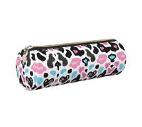 NBHDZENGW Cow Hide with Hearts Moo Love Large Capacity Cylinder Pencil Case,Printed Leather Cross-Grain PVC Pen Bag with Smooth Zipper, Round Pouch