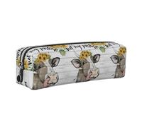NBHDZENGW Cow Sunflower House Leather Pencil Case with Smooth Zipper,Stylish Durable Zippered Pouch for School,Office,Travel-Lightweight Full Print Stationery Holder