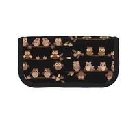 NBHDZENGW Cute Brown Cartoon Owls Large Canvas Pencil Case Makeup Bag Organizer-Premium Zippered Pouch with Mesh Pocket,Color-Block Design (Black Trim)-School Trave Cosmetic Bag