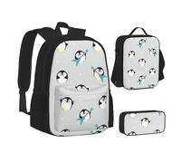 NBHDZENGW Cute Penguin 3pcs Printed Backpack Set, 600d Oxford-Cloth Laptop Backpack with Insulated Lunch Bag Pencil Case,Adjustable Multifunctional School Travel Bag
