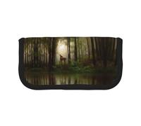 NBHDZENGW Deer by The River Large Canvas Pencil Case Makeup Bag Organizer-Premium Zippered Pouch with Mesh Pocket,Color-Block Design (Black Trim)-School Trave Cosmetic Bag