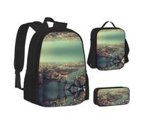 NBHDZENGW Famous 3pcs Printed Backpack Set, 600d Oxford-Cloth Laptop Backpack with Insulated Lunch Bag Pencil Case,Adjustable Multifunctional School Travel Bag