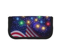 NBHDZENGW Firework American Flag 4th of July Large Capacity Canvas Pencil Case,Print Black Border Contrasting Color Pencil Pouch with Double Zipper,Portable Multifunctional Stationery Bag
