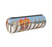 NBHDZENGW Flip Flop Large Capacity Cylinder Pencil Case,Printed Leather Cross-Grain PVC Pen Bag with Smooth Zipper, Round Pouch