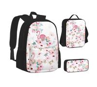 NBHDZENGW Floral with Flamingo 3pcs Printed Backpack Set, 600d Oxford-Cloth Laptop Backpack with Insulated Lunch Bag Pencil Case,Adjustable Multifunctional School Travel Bag