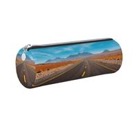 NBHDZENGW Freeway Highway Road in The Desert Large Capacity Cylinder Pencil Case,Printed Leather Cross-Grain PVC Pen Bag with Smooth Zipper, Round Pouch