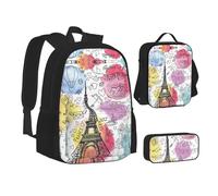 NBHDZENGW French Paris Tour Eiffel Tower 3pcs Printed Backpack Set, 600d Oxford-Cloth Laptop Backpack with Insulated Lunch Bag Pencil Case,Adjustable Multifunctional School Travel Bag