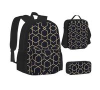 NBHDZENGW Geometric Lines 3pcs Printed Backpack Set, 600d Oxford-Cloth Laptop Backpack with Insulated Lunch Bag Pencil Case,Adjustable Multifunctional School Travel Bag