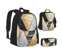 NBHDZENGW Geometric Marble 3pcs Printed Backpack Set, 600d Oxford-Cloth Laptop Backpack with Insulated Lunch Bag Pencil Case,Adjustable Multifunctional School Travel Bag