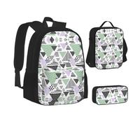 NBHDZENGW Geometric Triangle 3pcs Printed Backpack Set, 600d Oxford-Cloth Laptop Backpack with Insulated Lunch Bag Pencil Case,Adjustable Multifunctional School Travel Bag