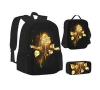 NBHDZENGW Gold Rose Floral 3pcs Printed Backpack Set, 600d Oxford-Cloth Laptop Backpack with Insulated Lunch Bag Pencil Case,Adjustable Multifunctional School Travel Bag