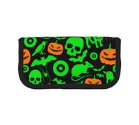 NBHDZENGW Green Ghost Horror Halloween Pumpkin Large Canvas Pencil Case Makeup Bag Organizer-Premium Zippered Pouch with Mesh Pocket,Color-Block Design (Black Trim)-School Trave Cosmetic Bag