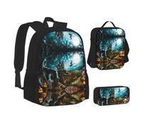 NBHDZENGW Halloween Pumpkin Graveyard 3pcs Printed Backpack Set, 600d Oxford-Cloth Laptop Backpack with Insulated Lunch Bag Pencil Case,Adjustable Multifunctional School Travel Bag