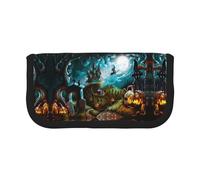 NBHDZENGW Halloween Pumpkin Graveyard Large Canvas Pencil Case Makeup Bag Organizer-Premium Zippered Pouch with Mesh Pocket,Color-Block Design (Black Trim)-School Trave Cosmetic Bag