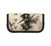 NBHDZENGW Halloween Witch Flying Large Capacity Canvas Pencil Case,Print Black Border Contrasting Color Pencil Pouch with Double Zipper,Portable Multifunctional Stationery Bag