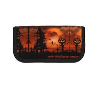 NBHDZENGW Happy Halloween Large Canvas Pencil Case Makeup Bag Organizer-Premium Zippered Pouch with Mesh Pocket,Color-Block Design (Black Trim)-School Trave Cosmetic Bag