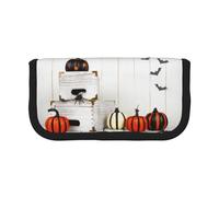 NBHDZENGW Happy Halloween Large Canvas Pencil Case Makeup Bag Organizer-Premium Zippered Pouch with Mesh Pocket,Color-Block Design (Black Trim)-School Trave Cosmetic Bag