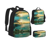 NBHDZENGW Hawaiian Seaside Sunset 3pcs Printed Backpack Set, 600d Oxford-Cloth Laptop Backpack with Insulated Lunch Bag Pencil Case,Adjustable Multifunctional School Travel Bag