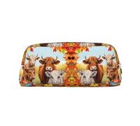 NBHDZENGW Highland Cow Cute Leather Pencil Case with Smooth Zipper,Stylish Durable Pouch for School,Office,Travel-Lightweight Full Print Stationery Holder