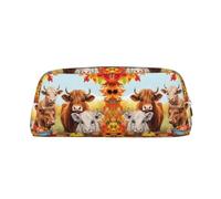 NBHDZENGW Highland Cow Cute Leather Pencil Case with Smooth Zipper,Stylish Durable Pouch for School,Office,Travel-Lightweight Full Print Stationery Holder