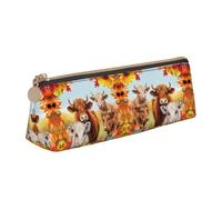 NBHDZENGW Highland Cow Cute Triangle Leather Pencil Case with Smooth Zipper,Stylish Durable Pouch for School,Office,Travel-Lightweight Full Print Stationery Holder