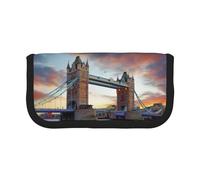 NBHDZENGW Historic Old Tower Bridge London Large Canvas Pencil Case Makeup Bag Organizer-Premium Zippered Pouch with Mesh Pocket,Color-Block Design (Black Trim)-School Trave Cosmetic Bag