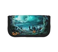 NBHDZENGW Horror Pumpkin Cemetery Large Capacity Canvas Pencil Case,Print Black Border Contrasting Color Pencil Pouch with Double Zipper,Portable Multifunctional Stationery Bag