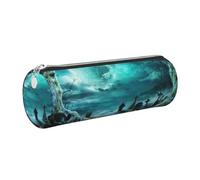 NBHDZENGW Horror Pumpkin Cemetery Large Capacity Cylinder Pencil Case,Printed Leather Cross-Grain PVC Pen Bag with Smooth Zipper, Round Pouch