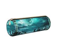 NBHDZENGW Horror Pumpkin Cemetery Large Capacity Cylinder Pencil Case,Printed Leather Cross-Grain PVC Pen Bag with Smooth Zipper, Round Pouch