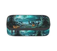 NBHDZENGW Horror Pumpkin Cemetery Large Capacity Oxford-Cloth Pencil Case, Full Print Stationery Pouch with Mesh Pocket Removable Divider,Multi-Compartment Zipper
