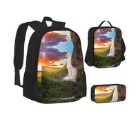 NBHDZENGW Iceland Waterfall River Field Sunset 3pcs Printed Backpack Set, 600d Oxford-Cloth Laptop Backpack with Insulated Lunch Bag Pencil Case,Adjustable Multifunctional School Travel Bag