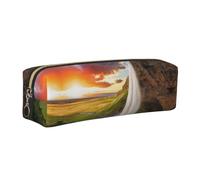 NBHDZENGW Iceland Waterfall River Field Sunset All-Over Printed Pencil Case,Cross Texture PVC Leather Pen Pouch, Lightweight Zipper Stationery Bag