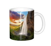 NBHDZENGW Iceland Waterfall River Field Sunset Full Wrap Printed Ceramic Mug,Thickened Anti-Slip Base, Handcrafted,Ideal for Home,Office,Cafe Use