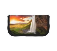 NBHDZENGW Iceland Waterfall River Field Sunset Large Capacity Canvas Pencil Case,Print Black Border Contrasting Color Pencil Pouch with Double Zipper,Portable Multifunctional Stationery Bag