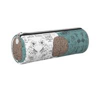 NBHDZENGW Left and Right Brain Functions Large Capacity Cylinder Pencil Case,Printed Leather Cross-Grain PVC Pen Bag with Smooth Zipper, Round Pouch